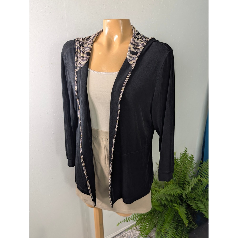 Chicos Travelers Cardigan Women Size 3 Black Hooded Open‎ Front Mesh Animal Trim